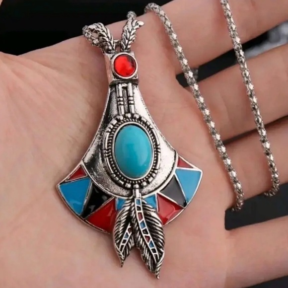 Anthropologie Other - Bohemian Silver Pendant Necklace with Turquoise and Red Accents.